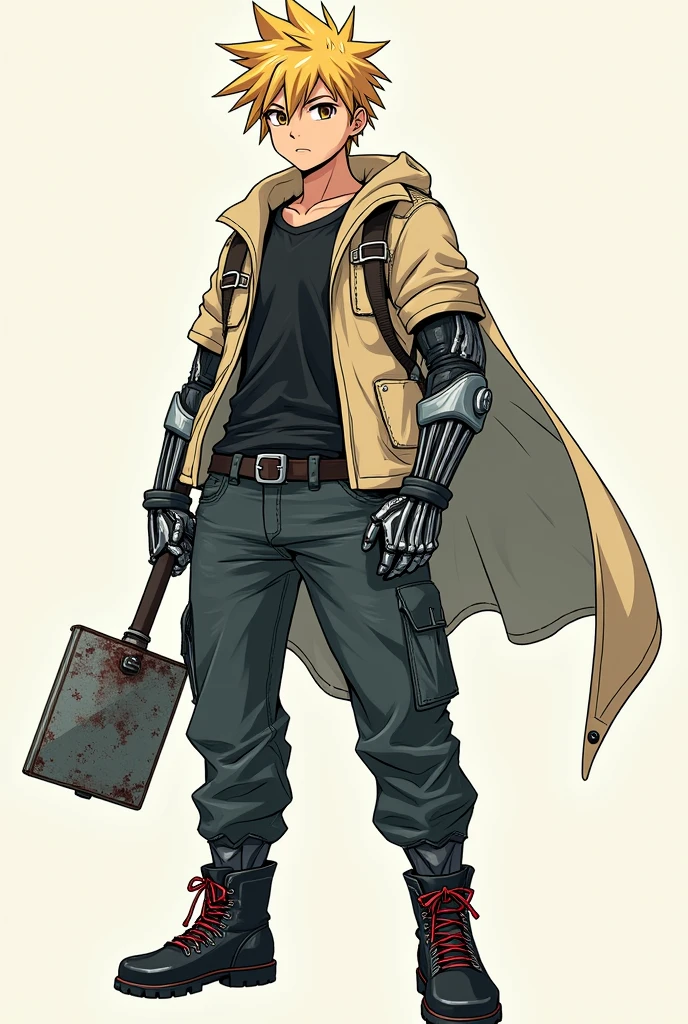 Make a full body man with short blonde hair that sticks up with a robotic right arm and a normal left arm holding a metal club, manga art style