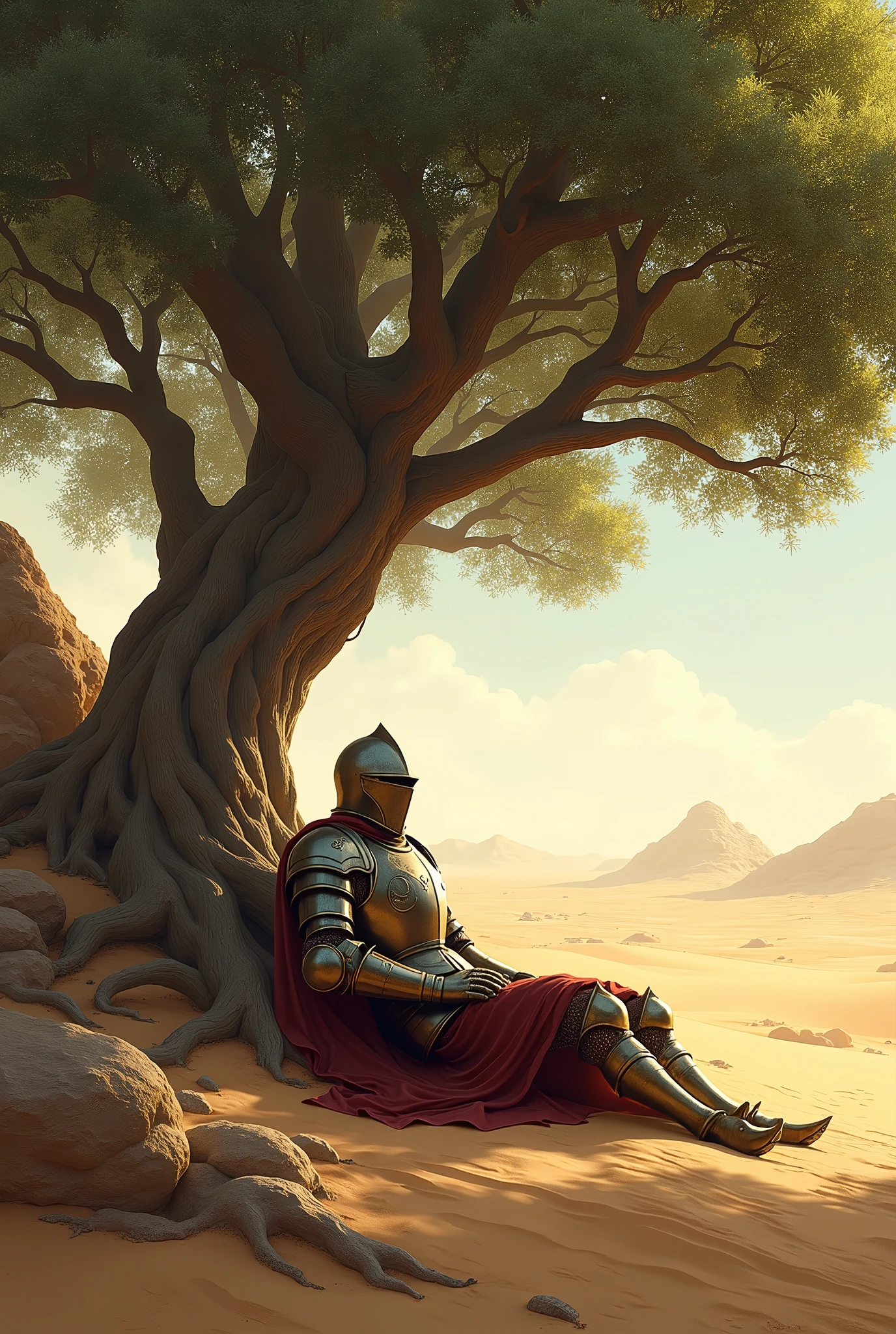 A knight covered in armor sleeps under a banyan tree in a vast desert land. 