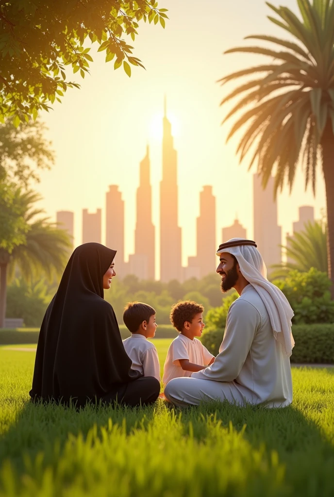 (photorealism:1.2), arabian family, father mother and 2 kids, in a garden at noon, enjoying the sun, mother wearing saudi black costume while the father and 2 kids wearing white saudi costume, sun lighting, Riyadh sky scrappers in background, realistic, intricate details