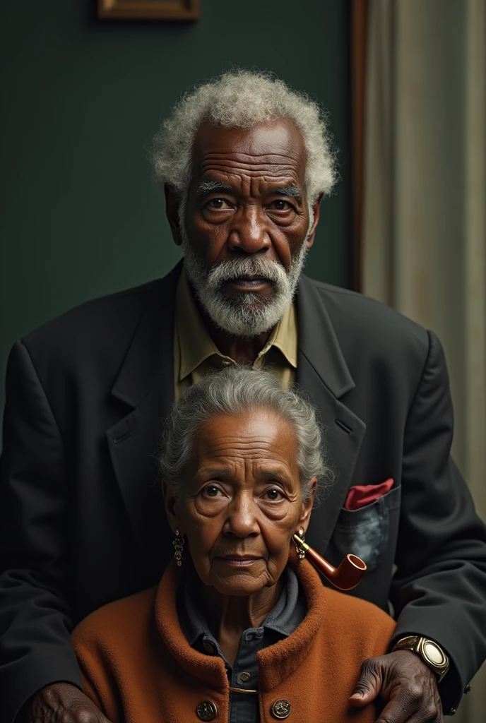 Old black man on top and old black woman below with pipe
