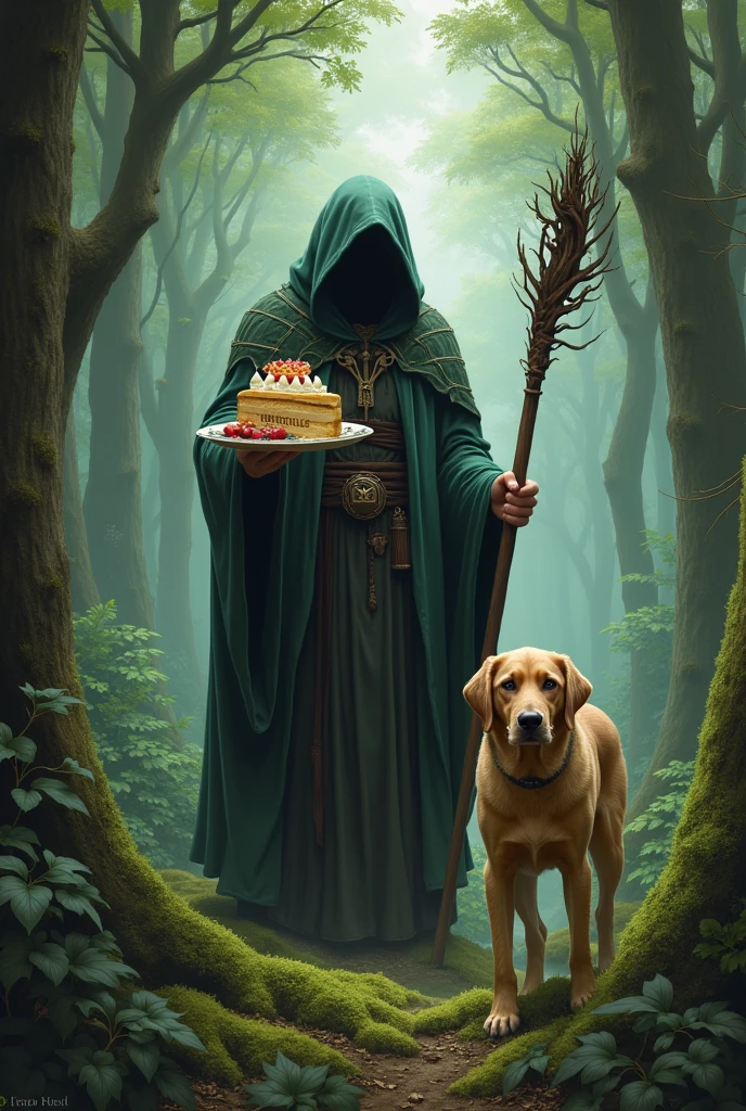 A man in a forest is wearing a robe and a dessert with the inscription Bullet in the center and a stick in his right hand and a hound in a sandalwood color in his left hand.