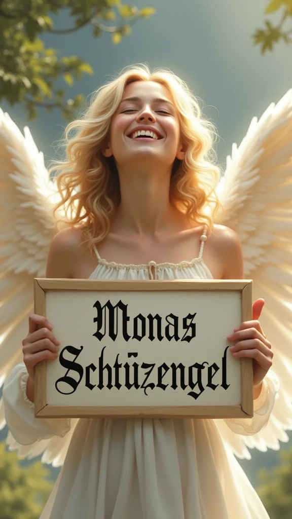 a beautiful and cute angel holding up a sign "Monas Schutzengel", joyful, happy, anime illustration, photorealistic, oil painting