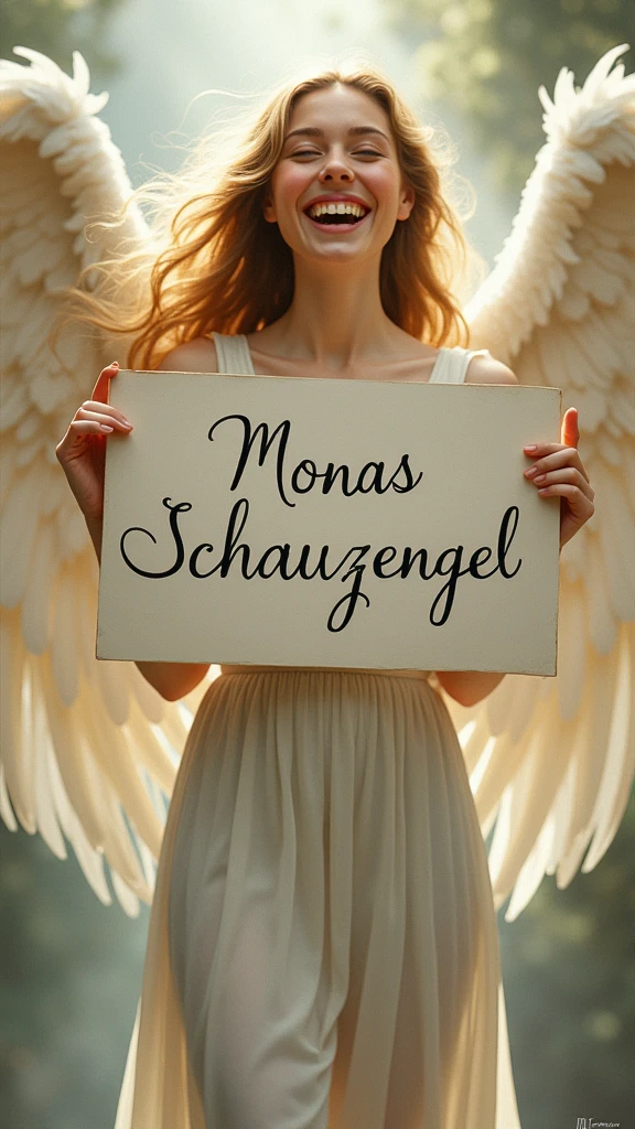 a beautiful and cute angel holding up a sign "Monas Schutzengel", joyful, happy, anime illustration, photorealistic, oil painting