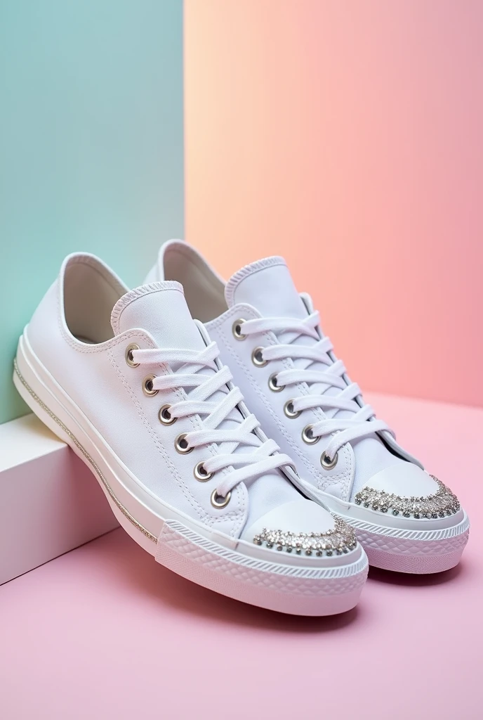 White Converse tennis shoes with personalized decoration with shiny stones on the edges combined with pastel colors
