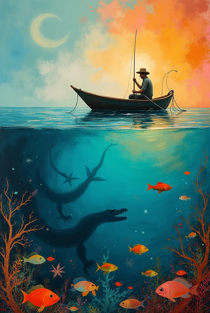 a fisherman with his boat on the water and underwater fish and sea monsters in sight, arte abstrata