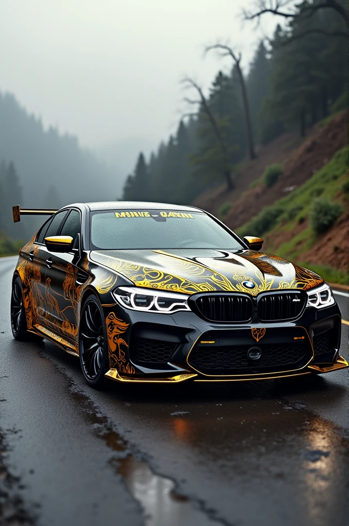 Bmw M5 cs with mad black with golden aciant design 