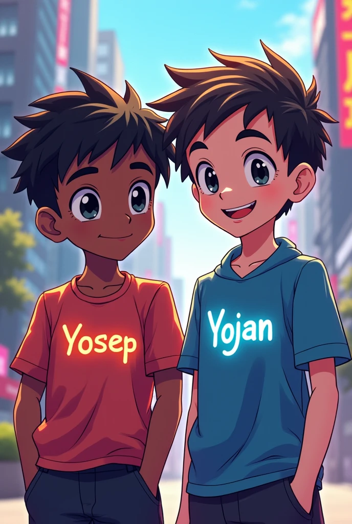 Two male children with the names of Yojan and Yosep on their shirts, the one with the name Yoseph must have dark skin and the one with the name Yojan with white skin in futuristic anime mode 
