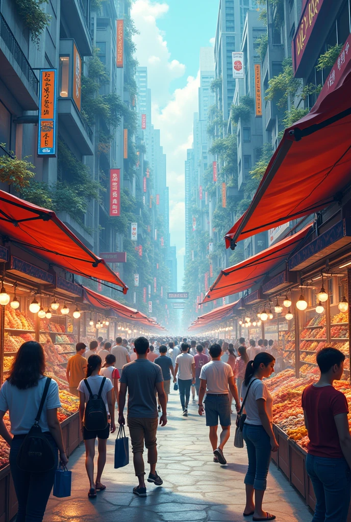 Create an image for a presentation of the creativity workshop course, with the theme of the image that is market, types and their characteristics, in physical and virtual markets