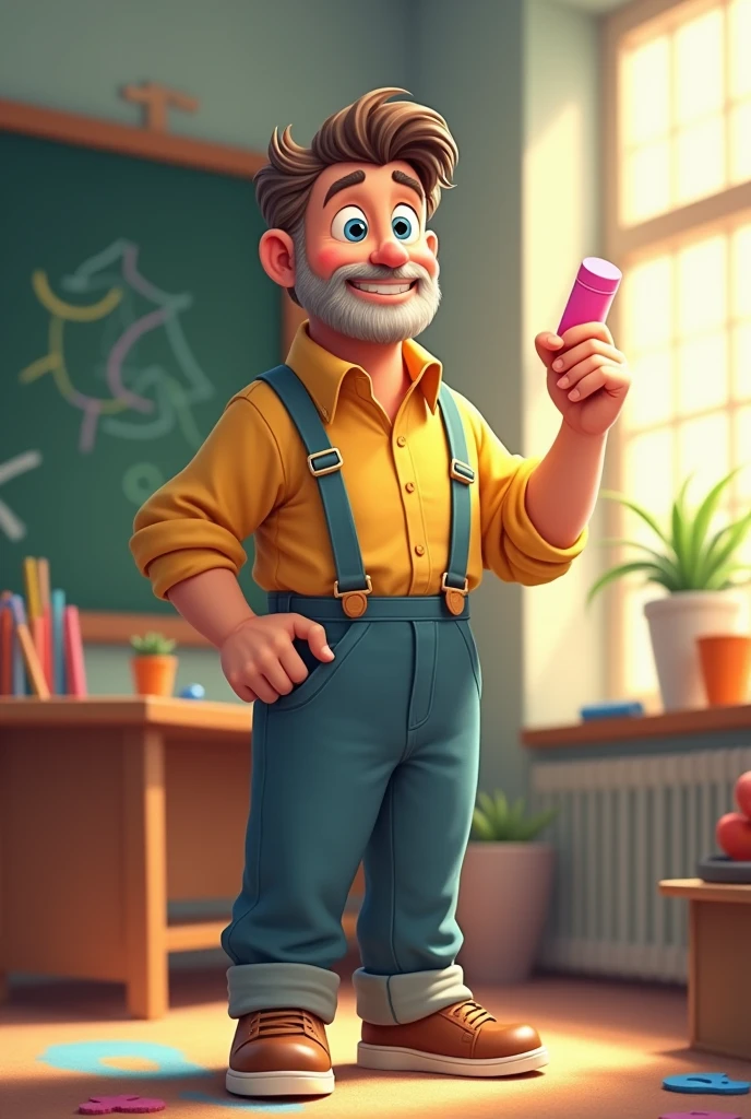 Animated father with full body holding small chalk with different colors