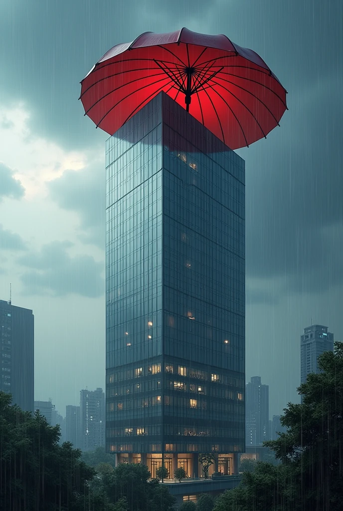 A realistic picture of a modern building, in an indian city, background of raining, and there’s a big umbrella over the building protecting it from rain.