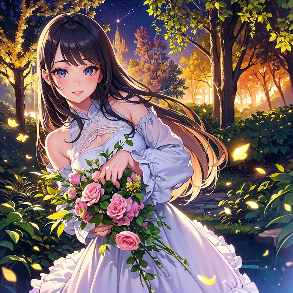 intricate detailed girl in a lush garden, beautiful detailed eyes, beautiful detailed lips, extremely detailed face and eyes, long eyelashes, elegant floral dress, holding a large bouquet of flowers, smiling, starry night sky, detailed background, 8k, extremely detailed, highly detailed, masterpiece, photorealistic, vibrant colors, dramatic lighting, fantasy, magical, dreamy