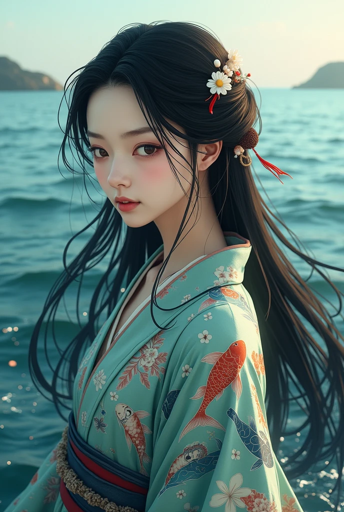 "An elegant Japanese woman with delicate features, depicted in a serene oceanic scene. Her long, flowing black hair moves gently with the sea breeze, adorned with small seashells and pearls. She is dressed in a traditional kimono with wave and koi fish patterns, the colors blending with the deep blues and greens of the surrounding water. The background features a soft, misty horizon where the sky meets the sea, with distant islands barely visible. The scene is calm, with sunlight filtering through the water, casting gentle reflections on her serene face."
