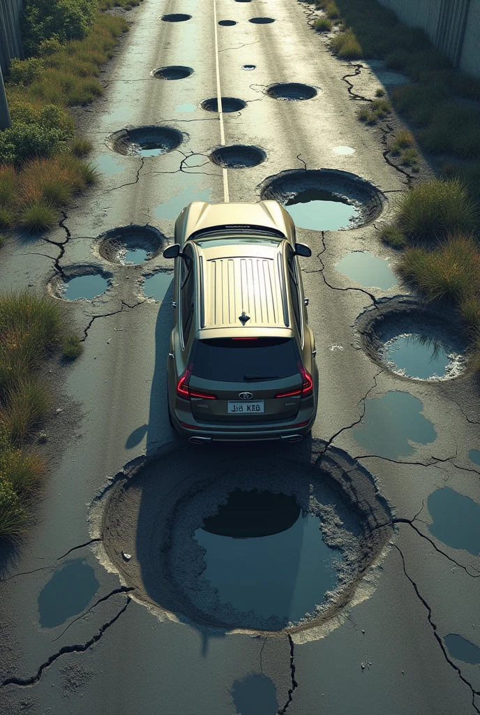 Picture a road with numerous large potholes scattered across its surface. The potholes are deep and uneven, with some filled with water. A vehicle, perhaps a car or truck, is navigating carefully around these potholes. The vehicle's tires might be dipping into or avoiding the larger potholes, and the road's condition is visibly rough, with cracked and damaged pavement surrounding the holes. The scene conveys a sense of neglect and difficult driving conditions.