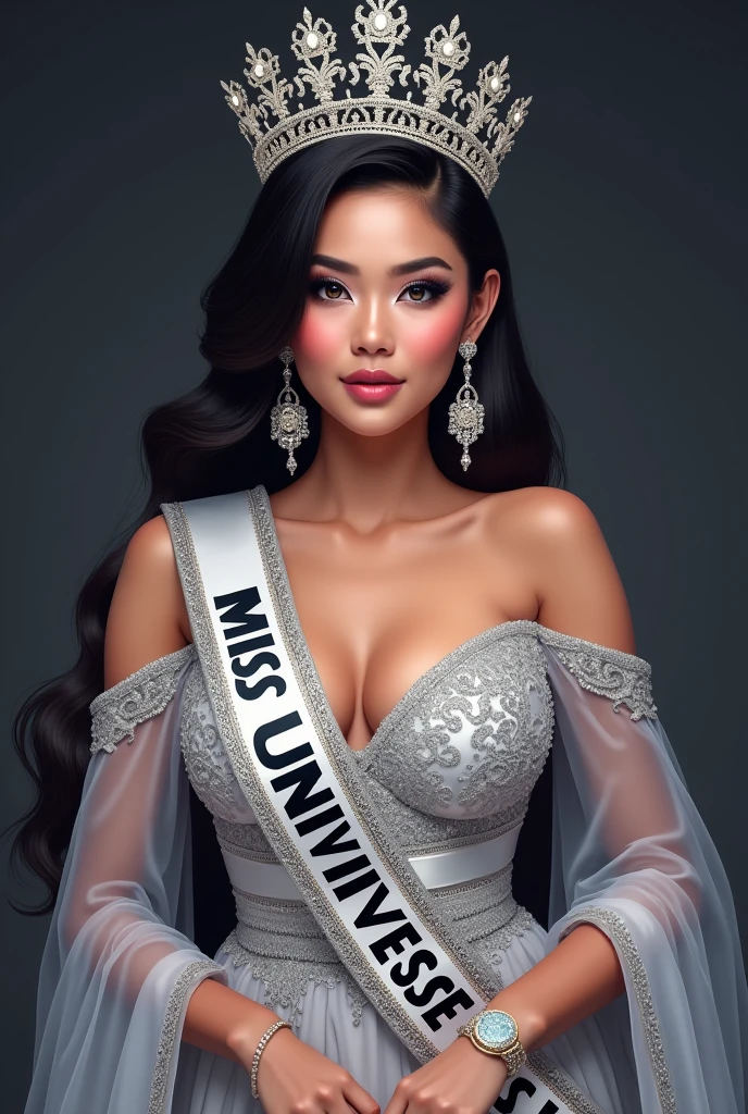 Miss universe, silver long kebaya brookat dress, at miss universe stage, wear crown, elegant, beautiful, 38 C huge boobs, slim, don't smile, sexy vibes. Sharp eyes, cool, bold make up.  Sash Miss Universe 2026. She's from Indonesia