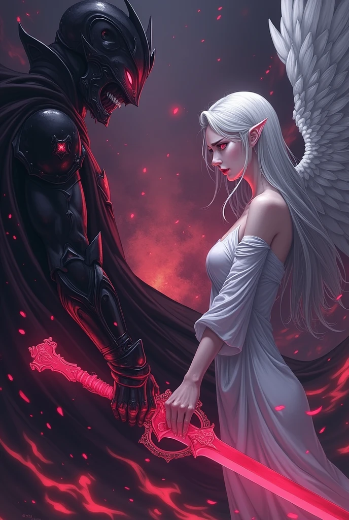 Fantasy-style illustration featuring a dramatic and intense scene. The layout is vertical, with a large, ethereal figure on the right side, draped in flowing white robes and possessing large, detailed wings. The figure has a serene, almost sorrowful expression, with pale skin and long, flowing hair. On the left side, Guts, the Black Swordsman, its massive blade glowing with a faint blue light. His face is partially obscured by his helmet, revealing a determined expression. The background is filled with swirling red mist and indistinct forms, adding to the chaotic and otherworldly atmosphere. The overall color palette is dominated by shades of red and white, creating a stark contrast between the two figures. At the bottom center, a circular logo bears the text 'Artvision1999' in a gothic font, subtly blending into the ominous environment.