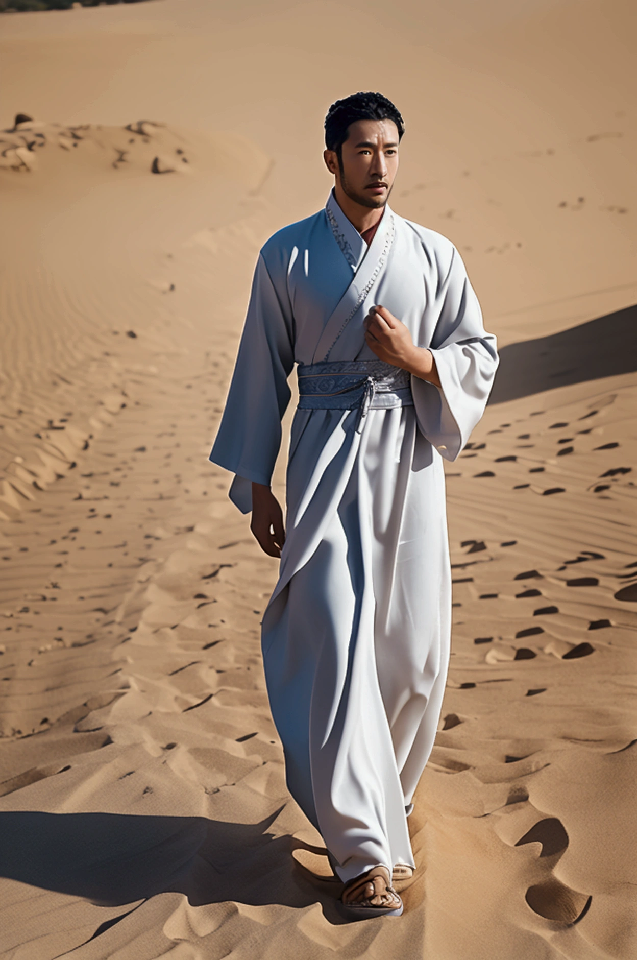 In the middle of the desert, a group of gray-robed men acted as guards, walking around the procession. A young man in full Tang Dynasty Chinese white robes stood in front of the procession. The atmosphere was dry, the sun was hot, and the wind blew the sand up.