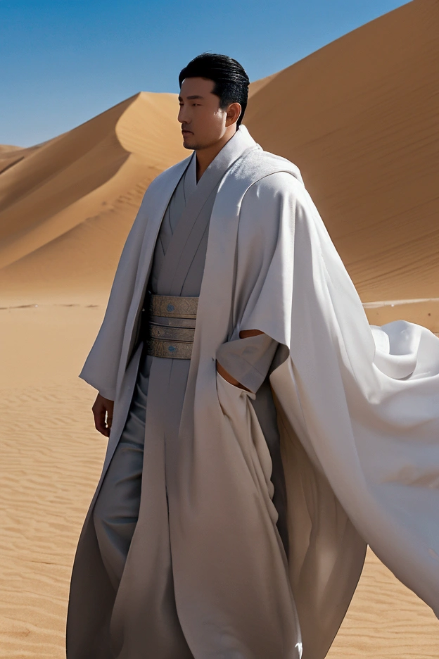 In the middle of the desert, a group of gray-robed men acted as guards, walking around the procession. A young man in full Tang Dynasty Chinese white robes stood in front of the procession. The atmosphere was dry, the sun was hot, and the wind blew the sand up.