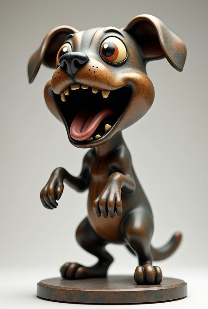 Create a sculpture based on the saying “a barking dog doesn’t bite” A sculpture of a dog that is barking without its teeth