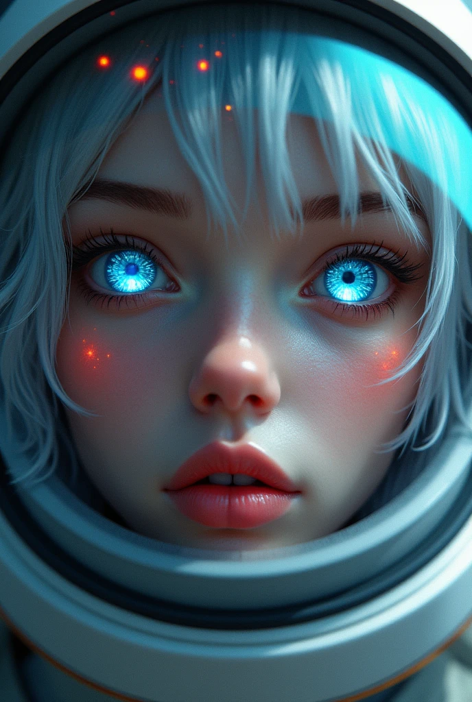 (Close-up of a better masterpiece: 1.5) 0.9], (Space and astronauts: 1.2) (Disheveled silver hair: 1.1) (Xanthochromia heterochromia and blue eyes: 1.2) (space helmet: 1.0) (colorful stars in the eyes: 1.0) (A radiant glow: 1.1) (thick lips: 0.9)