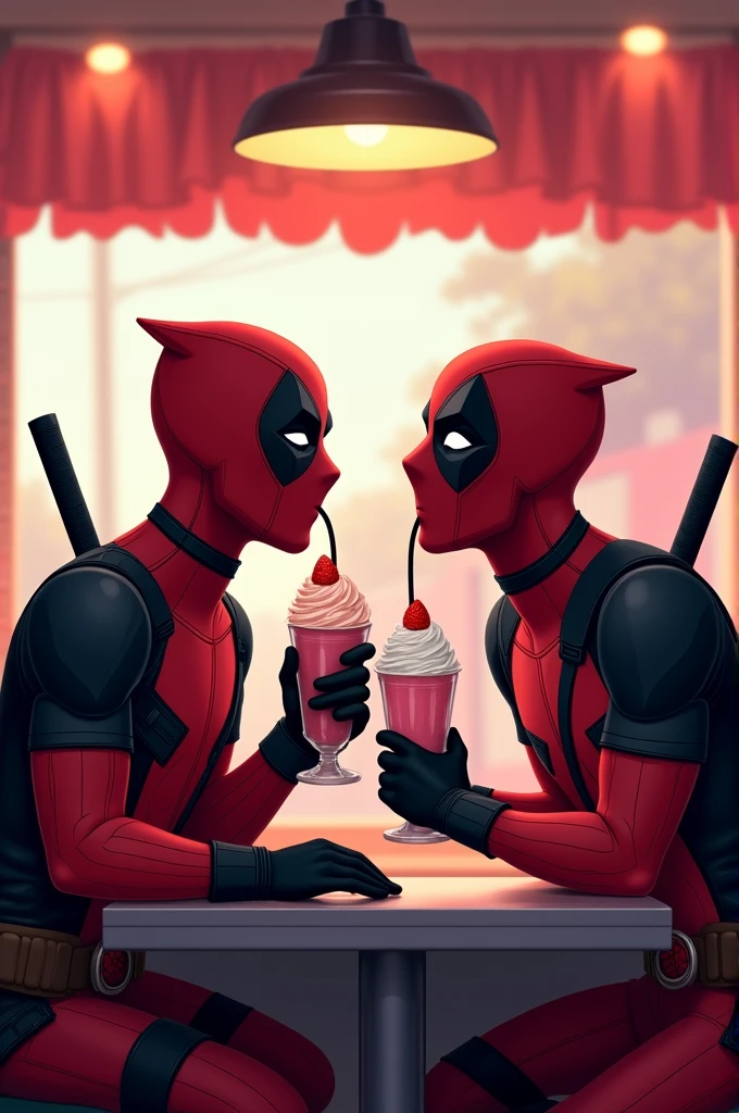 Deadpool e black noir (the boys)  having milkshake together in a cute diner. The two characters drink strawberry milkshake 