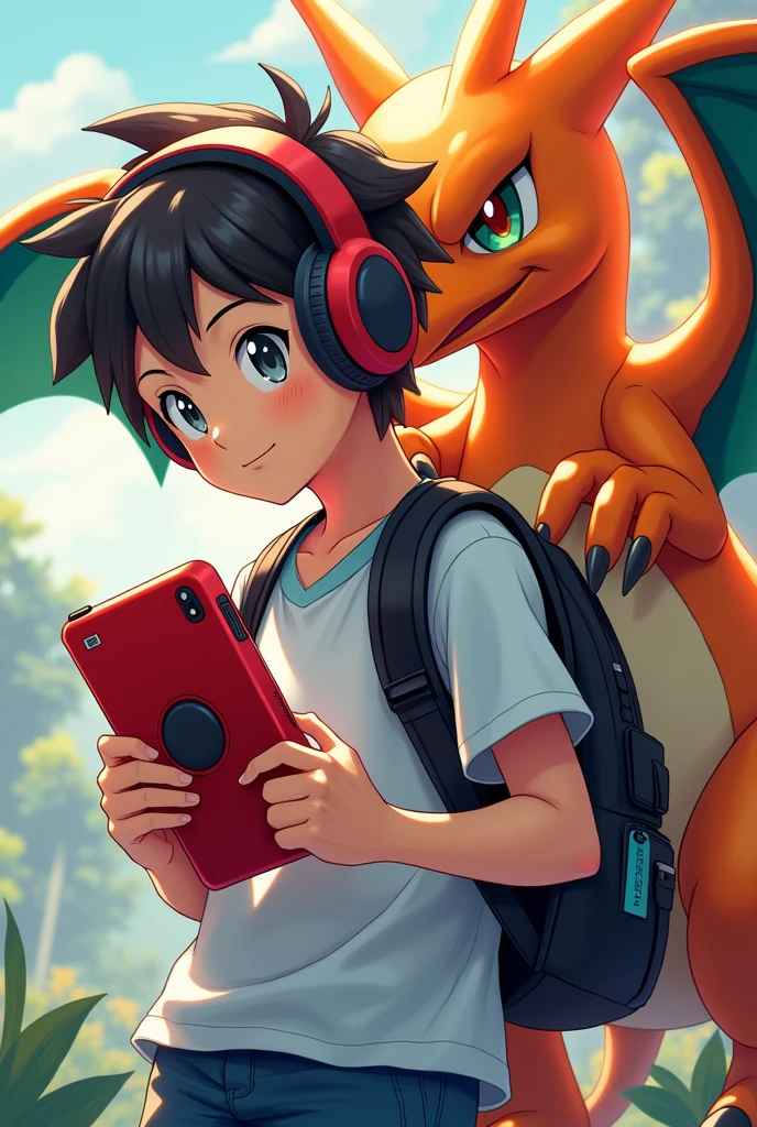 Create a gamer anime boy image holding a red pokedex in his hand and Charizard is standing behind him boy wearing headphones
Make Charizard cartoonistic