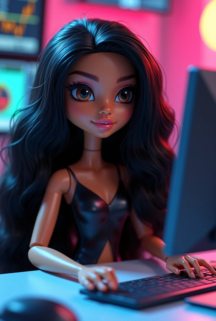 Generates a Bratz with long wavy black hair and brown eyes that is in front of a computer doing trading