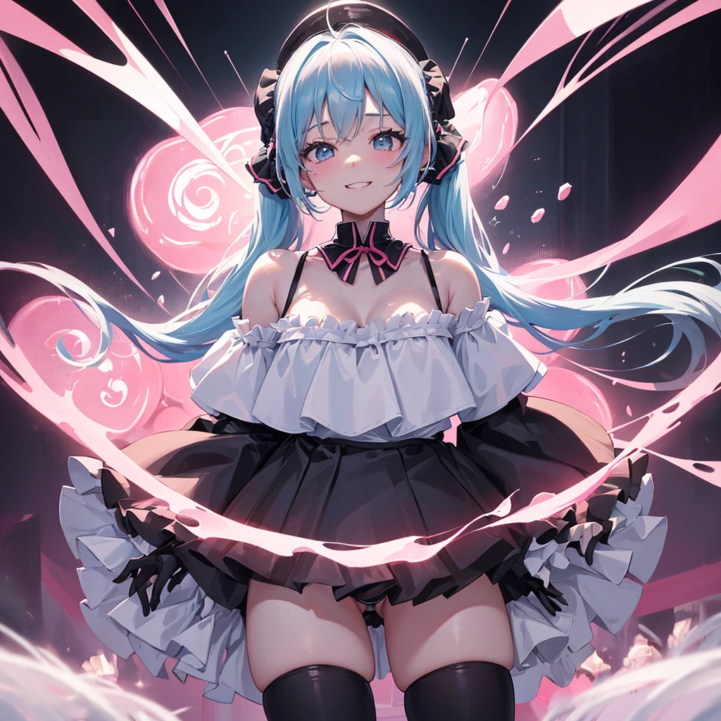 (((anime-style cute face)))、(((20-year-old woman))),(((The light blue twin tails have a lot of hair))),Highest quality, （（Sharp details））, (8k, RAW Photos, Highest quality, masterpiece), (looking at the camera),((((Cute Smile))))、Very big eyes、（anatomically correct body）、Big thighs、The face is bright、Professional Lighting、Cute little breasts、Cleavage、The collar is pink and white and frilly.:1.5、Cute red ribbon around the neck:1.3、（The black bikini has cute frills:1.3）、（（The tight fitting black shiny leather jacket is open at the chest.:1.8））、（（（A softly pleated mini skirt in black:1.5＋Isolated lively frills:1.8）））、（Shiny black knee-high socks）、（Shiny white leather gloves）、The wristband is a pink scrunchie、On the stage of the concert venue、Strong spotlights from all sides、Healthy female body、Erotic dance、Shoulder、Full body view、