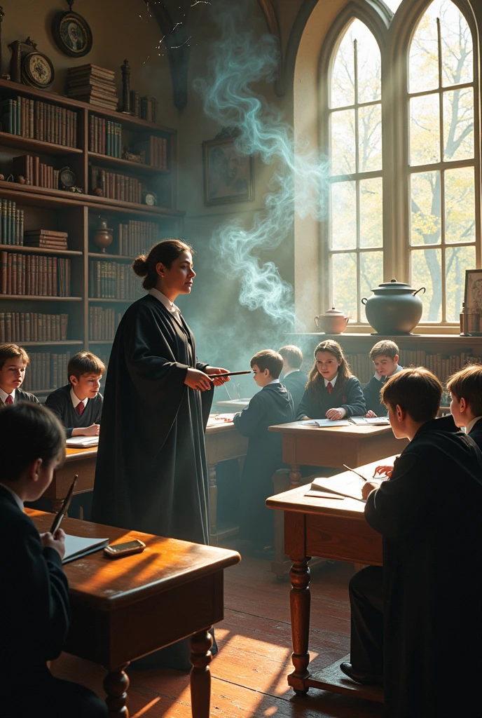 Charms classroom with students in uniform and wands, a witch teacher with wand and a male ghost as assistant 