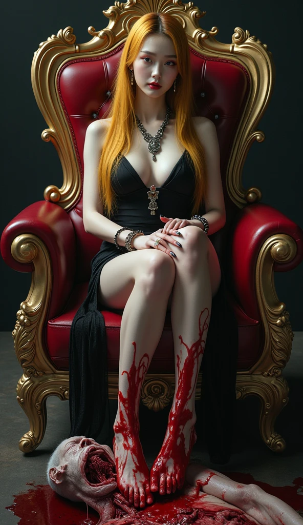 (((photorealistic:1.4))), ultra realistic, pores, (((masterpiece))),high quality, ultra details, realistic white skin beautiful face pretty korean idol girl showing very long sharp black shiny fingernails, model, very pretty, vein on hands, wearing sexy bloody outfit, ring on fingers, long yellow hair, long earrings, big necklace, sitting on the throne, crossing pretty legs, tired expression of realistic ugly old man tied up on the floor with throat ripped, show organs, no hands and legs, hose on the body, scratch mark, blood splatter everywhere, no hands and legs, extreme gore, looking at camera, night, luxury throne, modern kingdom, high key, bright, vagina smothering, people arround