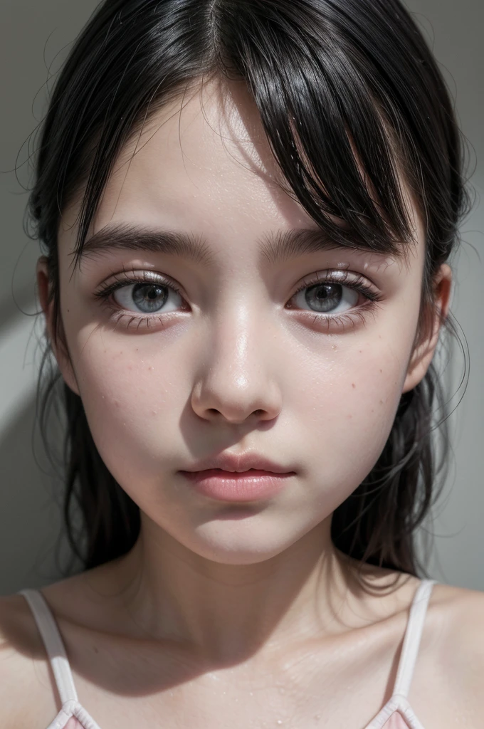 a young teenager, straight black hair parted in the middle, big black eyes, Caucasian skin, she is wearing a white and pink dress