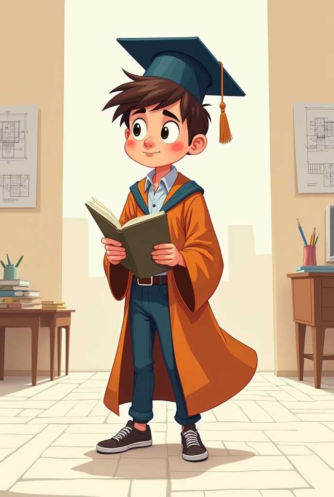 An architect wearing a graduation uniform and holding an architectural notebook

, a 2D cartoon drawing with high detail.