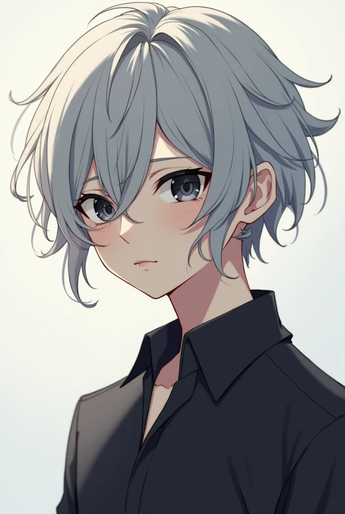 anime boy with short wavy grey hair and cold black eyes
