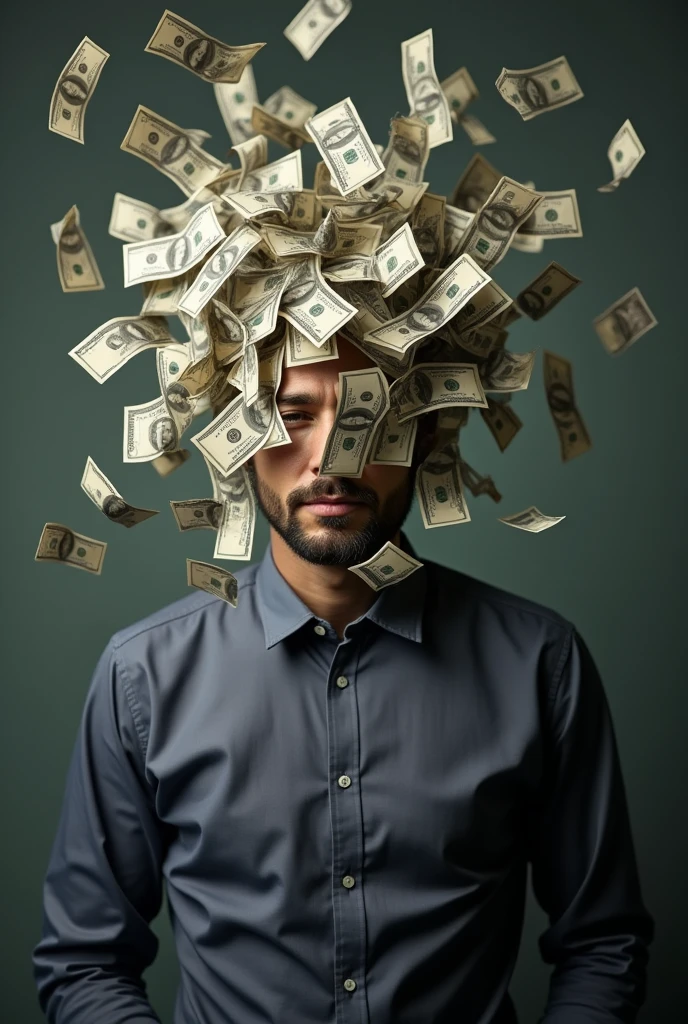 create an image alluding to wealth with a man with a blurred face full of money around his head