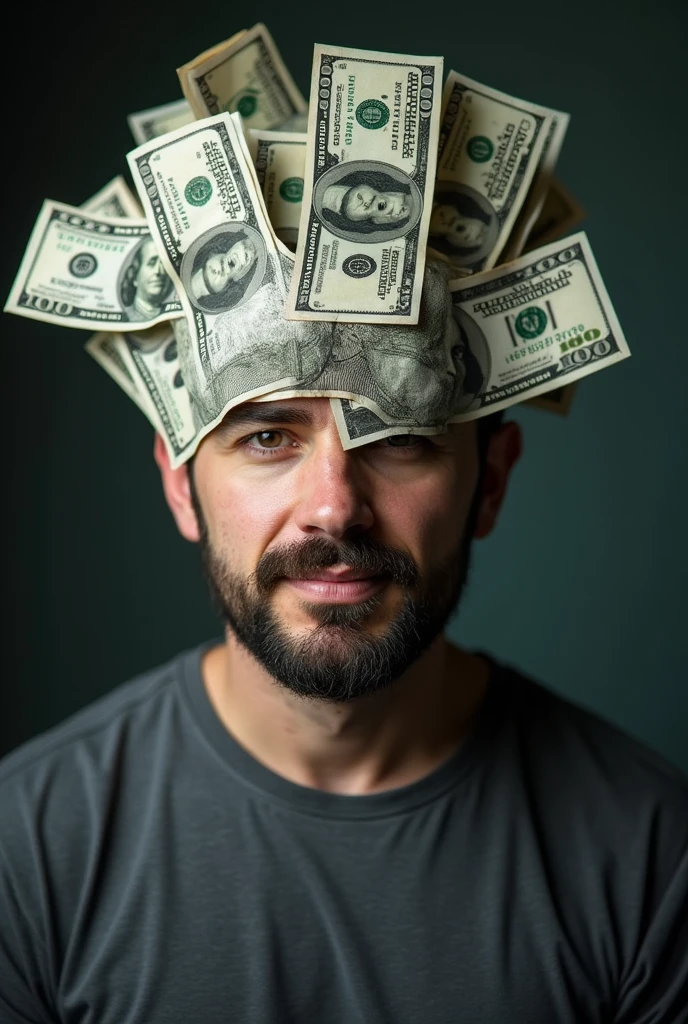 create an image alluding to wealth with a man with a blurred face full of money around his head