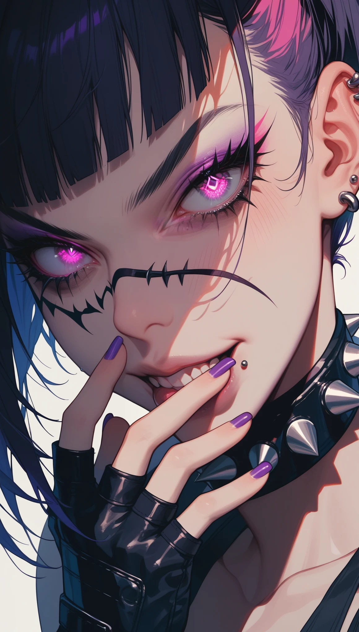 (score_9,score_8,score_7_up,score_6_up), hungry_clicker,street_fighter,street_fighter_6,han_juri,1girl,alternate_hairstyle,aqua_nails,black_gloves,black_hair,blush breasts,collar collarbone,((Face in shadow:1.3),chiaroscuro,diffraction spikes:1.3) (diffraction spikes eye,brow piercing:1.3),eyelashes,eyeshadow,fingerless_gloves,fingernails gloves,glowing,glowing_eye,lip_piercing,looking_at_viewer, makeup,multicolored_hair,parted_lips,piercing,purple_eyes,purple_hair,red_eyeshadow,short_hair,simple_background,solo,spiked_collar,spikes streaked_hair,upper_body,white_background,smug