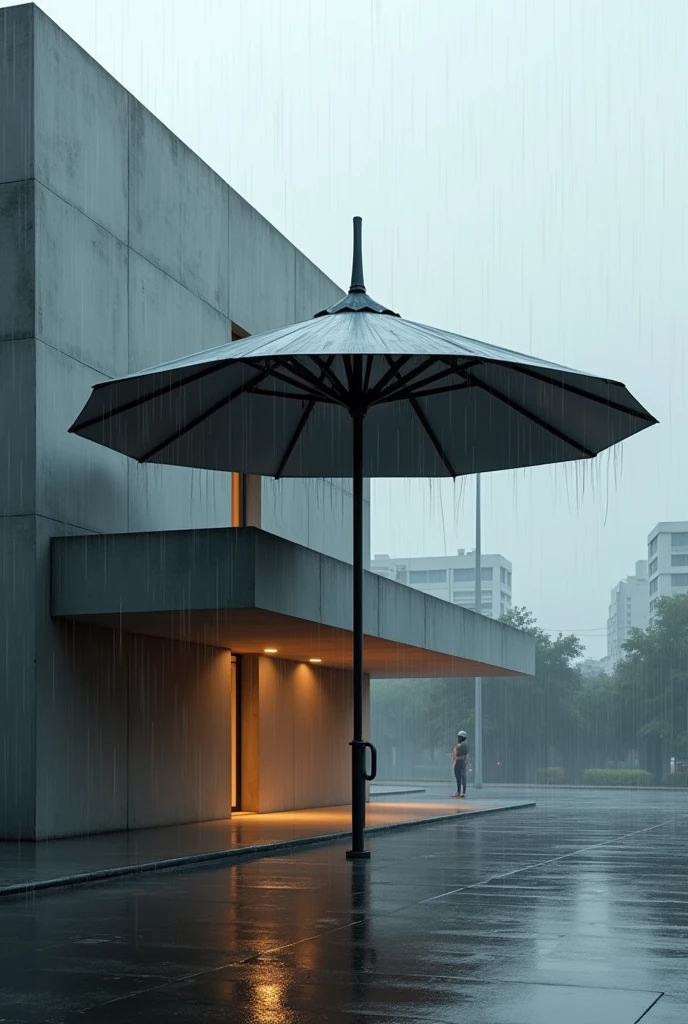 A realistic picture of a modern concrete building, in an indian city, background of raining, and there’s a big umbrella over the building protecting it from rain.