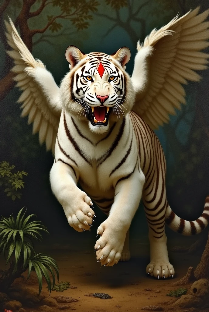 By Gustave Moreau, oil Painting, in muted colors, dramatic lighting, portrait of a rampant winged white tiger with a red diamond shape on his forehead, jungle background.
