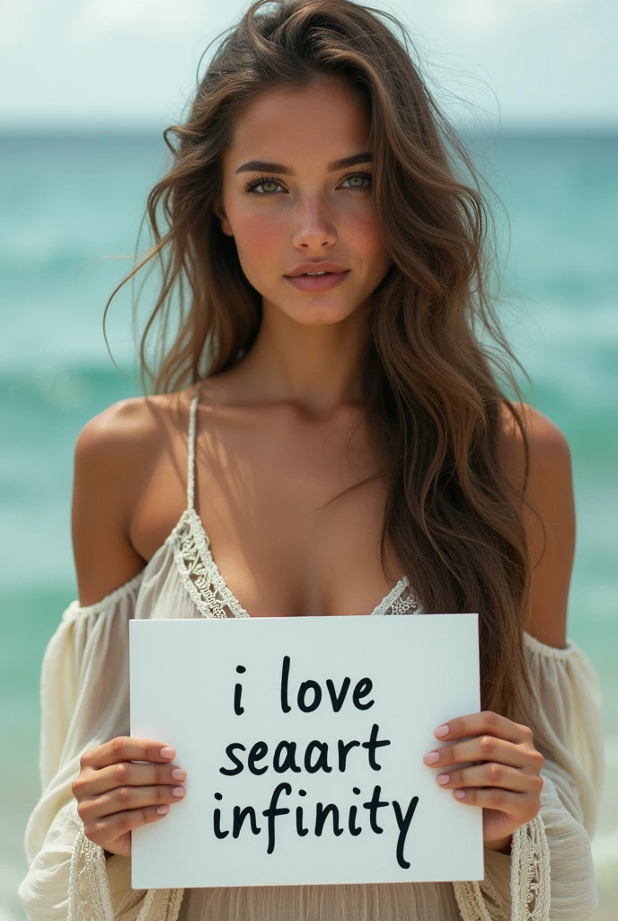 Beautiful girl with wavy long hair, bohemian dress, holding a white board with text "I Love Seaart Infinity" and showing it to the viewer