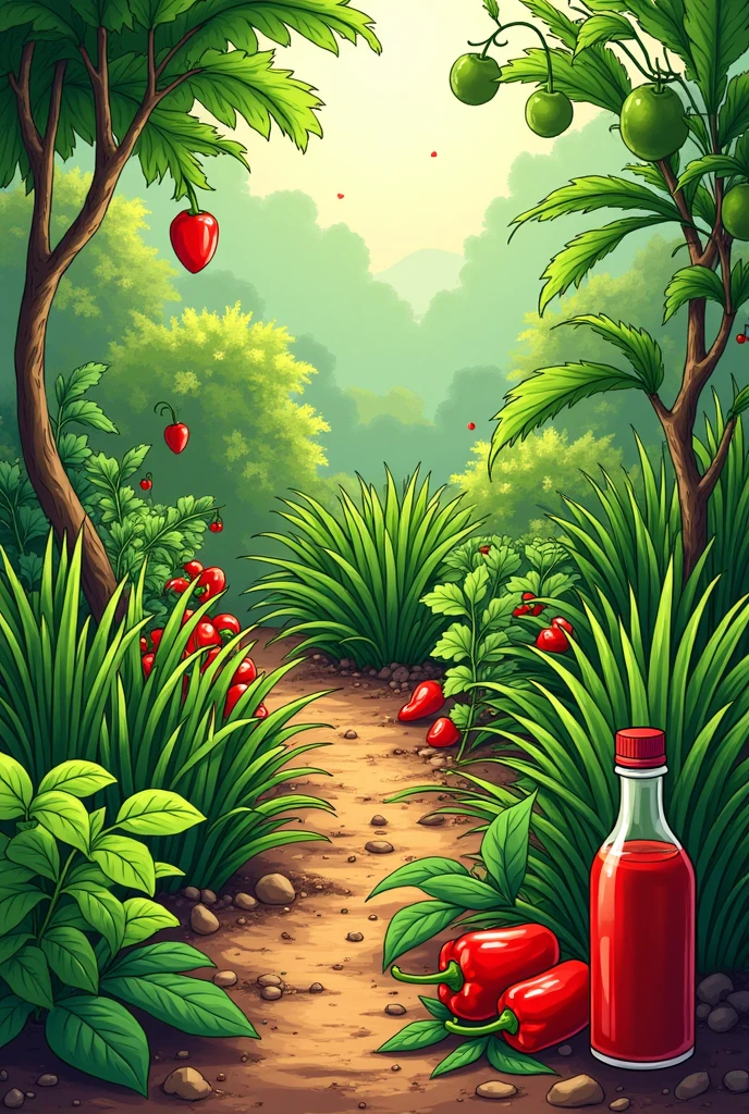 Create a drawing and color it as a vegetable garden for making stir-fried spicy food using the following plants: 1. long beans, 2. bell peppers, 3. kaffir lime leaves, 4. vegetable oil, 5. fish sauce.