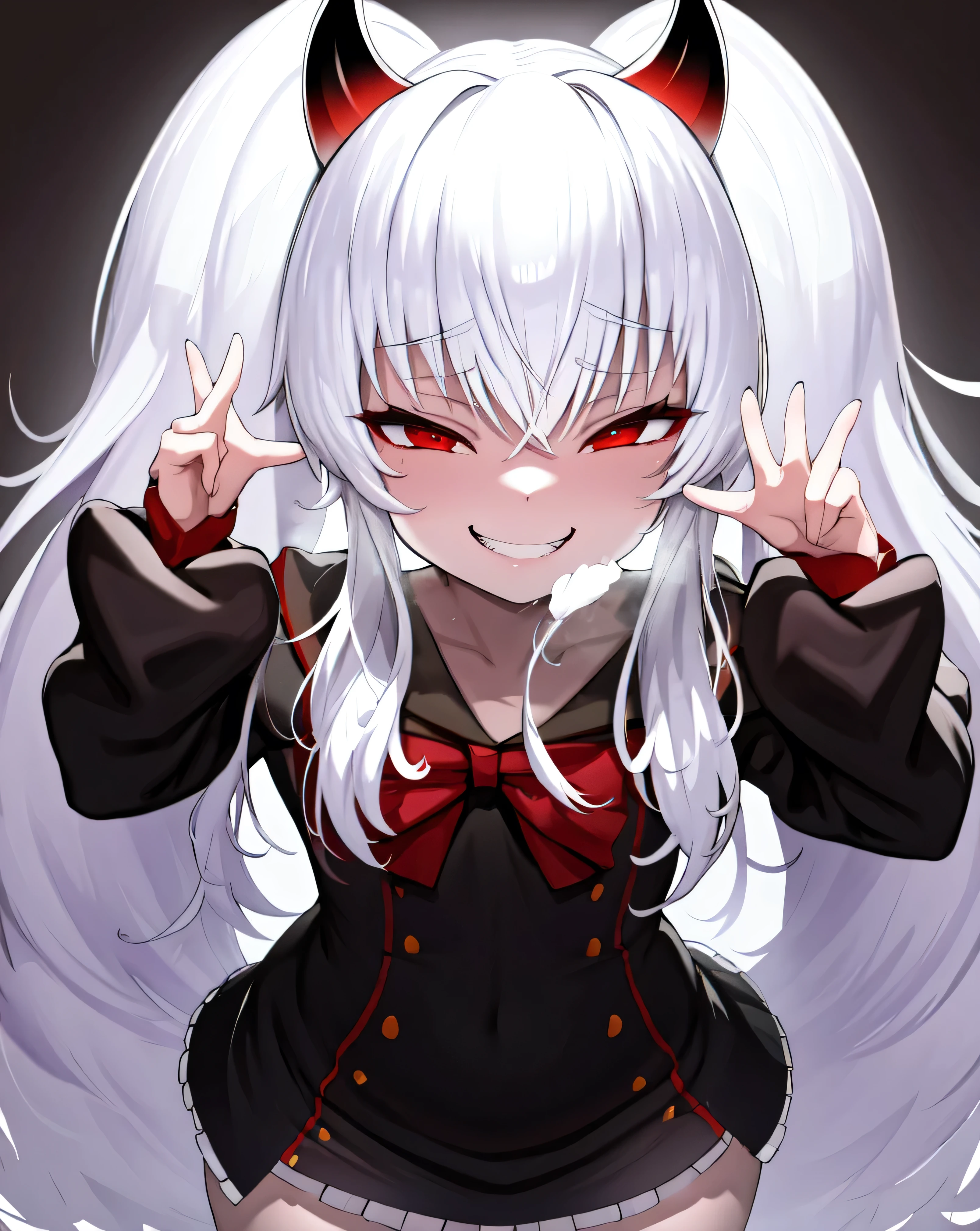 1girl,solo,grim aloe,demon horns, black_dress,standing,cowboy shot,  demon wings, albino,evil smile, naughty face, hand on hip, ojou-sama pose,  sadistic smile,deep shaded face(eyes in shadow),singlebraid,smile worst,worst ridecule,most evil moukery,,onebraid,,two hands,five fingers,dark aura background,A face full of evil,most evil ridicule,黒いセーラー服,oily skin,shiny skin,mesugaki,