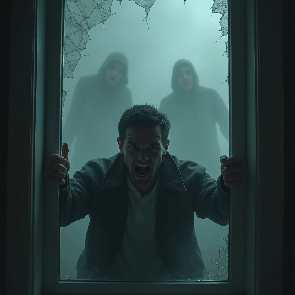 At the window of the house a man looks in fear, trying to get out through the broken glass. An expression of panic was evident on his face. Outside there is thick fog and shadowy figures.