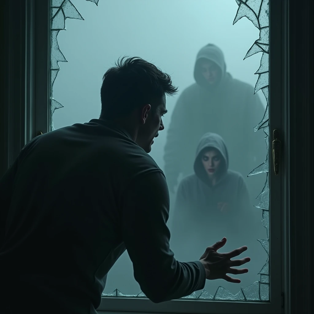 At the window of the house a man looks in fear, trying to get out through the broken glass. An expression of panic was evident on his face. Outside there is thick fog and shadowy figures.