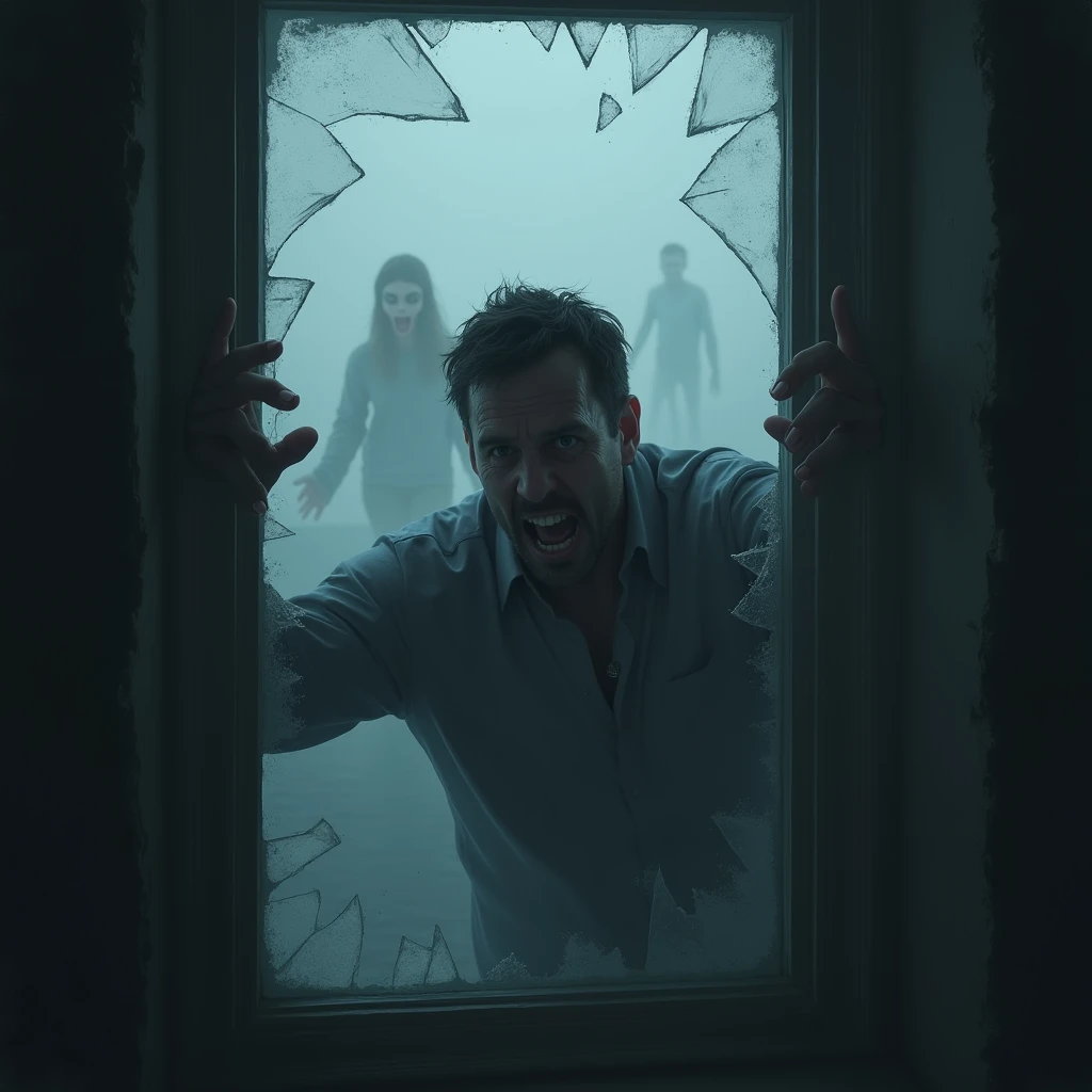 At the window of the house a man looks in fear, trying to get out through the broken glass. An expression of panic was evident on his face. Outside there is thick fog and shadowy figures.