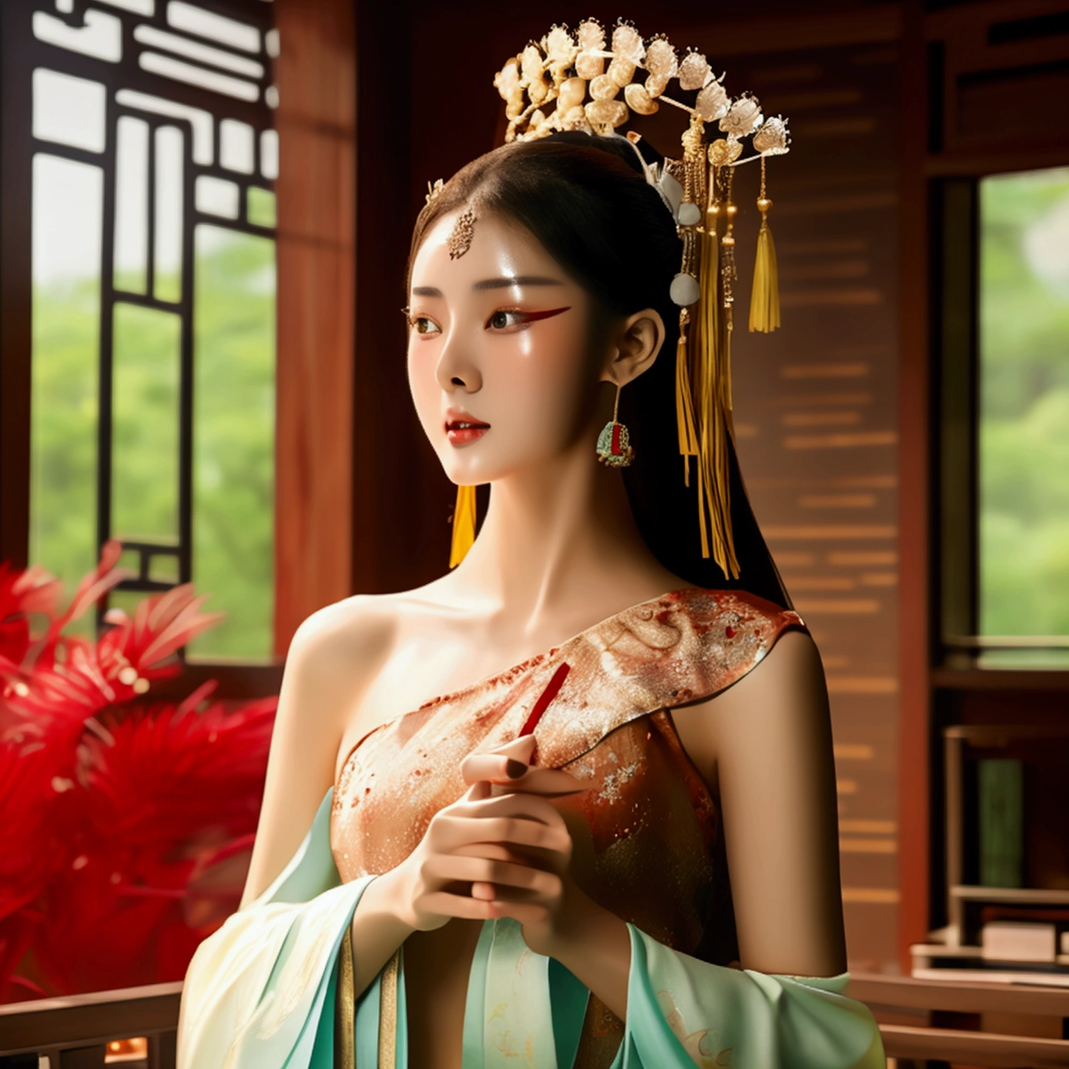Avalokiteshvara (with bra, panties) stands on a lotus seat, white as jade, rose red, many roses, waterfall like snowy mountains, pouring, shining, sparkling, super high detail, real photo, intricate detail, perfect composition, beautiful details complex, 8 k HD