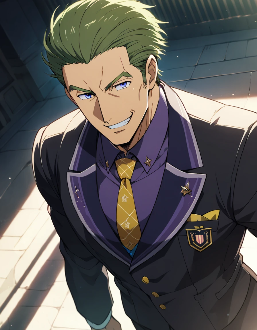 1man, (mature dad in ail-soft style, dandy president, moss olive hair, deepblue eyes, arafed spiky hair slicked back, spiked businessman hairstyle), ideal ratio body proportions, BREAK (over 30s, elder producer, toned dilettante, high cheekbones, broad shoulder, square shaped face, handsome, beautiful detailed eyes, under 40s), BREAK (violet formal jacket, purplewhite shirt, yellow necktie, simple costume), BREAK solo, cool smile, smart emotion, BREAK upperlegs, romantic expression, 2000s, old hentai CG, in Ribahara Aki style, BREAK depth of field, dutch angle, cinematic shadows, cinematic lighting, lens flare, light leaks, texture, absurdres absolutely resolution, extreme all detailed, greatest paint, BREAK masterpiece, best quality, BREAK score_9, score_8_up, score_7_up, source_anime, rating_safe, score_6_up, score_5_up, score_4_up