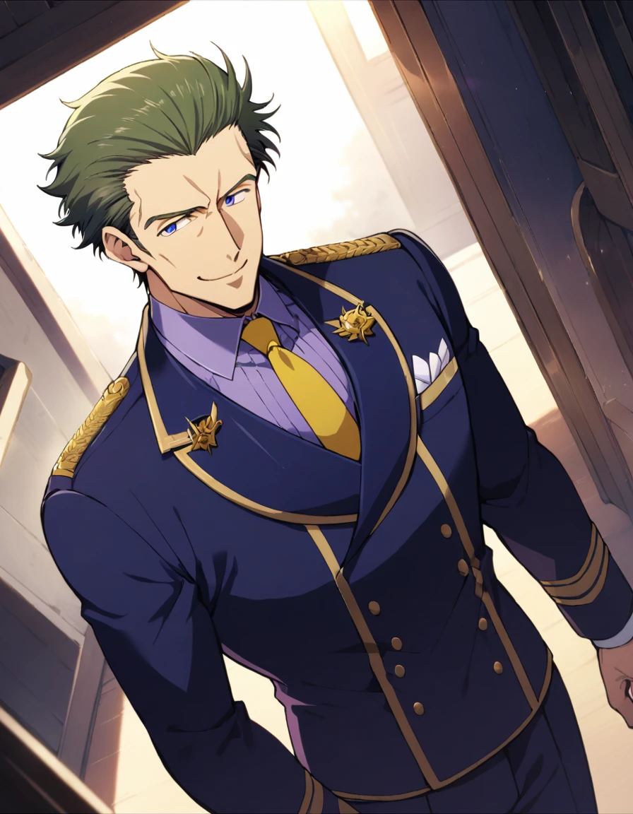 1man, (mature dad in ail-soft style, dandy president, moss olive hair, deepblue eyes, arafed spiky hair slicked back, spiked businessman hairstyle), ideal ratio body proportions, BREAK (over 30s, elder producer, toned dilettante, high cheekbones, broad shoulder, square shaped face, handsome, beautiful detailed eyes, under 40s), BREAK (violet formal jacket, purplewhite shirt, yellow necktie, simple costume), BREAK solo, cool smile, smart emotion, BREAK upperlegs, romantic expression, 2000s, old hentai CG, in Ribahara Aki style, BREAK depth of field, dutch angle, cinematic shadows, cinematic lighting, lens flare, light leaks, texture, absurdres absolutely resolution, extreme all detailed, greatest paint, BREAK masterpiece, best quality, BREAK score_9, score_8_up, score_7_up, source_anime, rating_safe, score_6_up, score_5_up, score_4_up