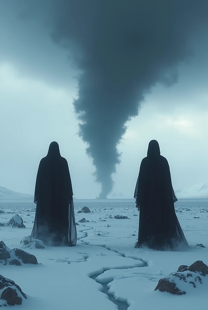 The snowy Arctic where there is a tornado behind, a super destructive earthquake , two totally black ghosts watching the camera