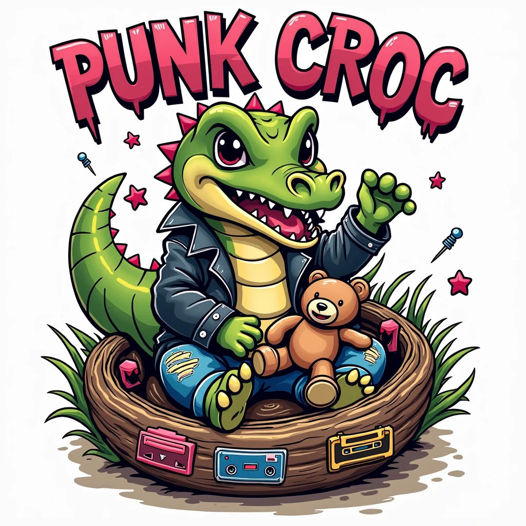 'PUNK CROC'
Centerpiece: A cute baby crocodile dons a spiked leather jacket, ripped jeans, and a fierce but playful expression. A pacifier hangs from its mouth, and it clutches a teddy bear with a safety pin earring.
A striking, punk-inspired nest surrounds the crocodile, adorned with colorful safety pins, ripped patches, and vintage cassette tapes. This playful scene blends seamlessly into a clean, simple background.
Font: Bold and plush, the title 'PUNK CROC' is curved along the top, drawing the viewer into the artwork's fun and lively vibe. Drawing on nostalgia, punk attitude, and humor, this creation combines elements of rebellion and whimsy for a stylish yet delightful visual experience.