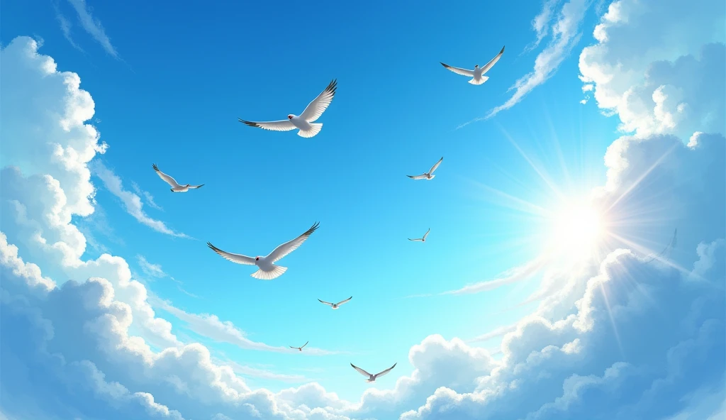 Create an image of a serene sky with vibrant blue hues and fluffy white clouds. In the foreground, depict a group of birds singing joyfully as they soar high above. Include details like the sunlight shimmering off their feathers and the gentle movement of the clouds to convey a peaceful, uplifting atmosphere.