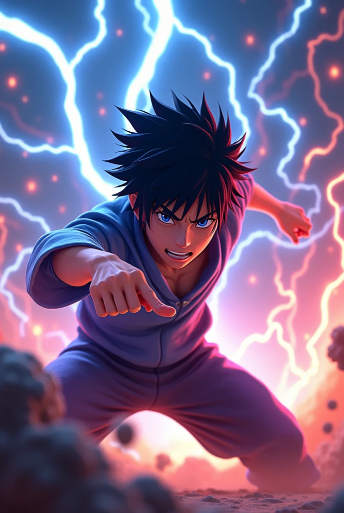 A Pixar 3D rendering illustrating Sasuke performing the Chidori Type 1 Bakuretsu Sen. Inspired by the style of Pixar animations, the scene portrays Sasuke in a dynamic pose surrounded by pulsating bolts of lightning. The colors are vivid and energetic, with electrifying blues and luminous whites. Sasuke's expression reflects his focused determination. The lighting is bright, casting dramatic shadows and highlighting the electrical discharges. The atmosphere is filled with energy and excitement.
